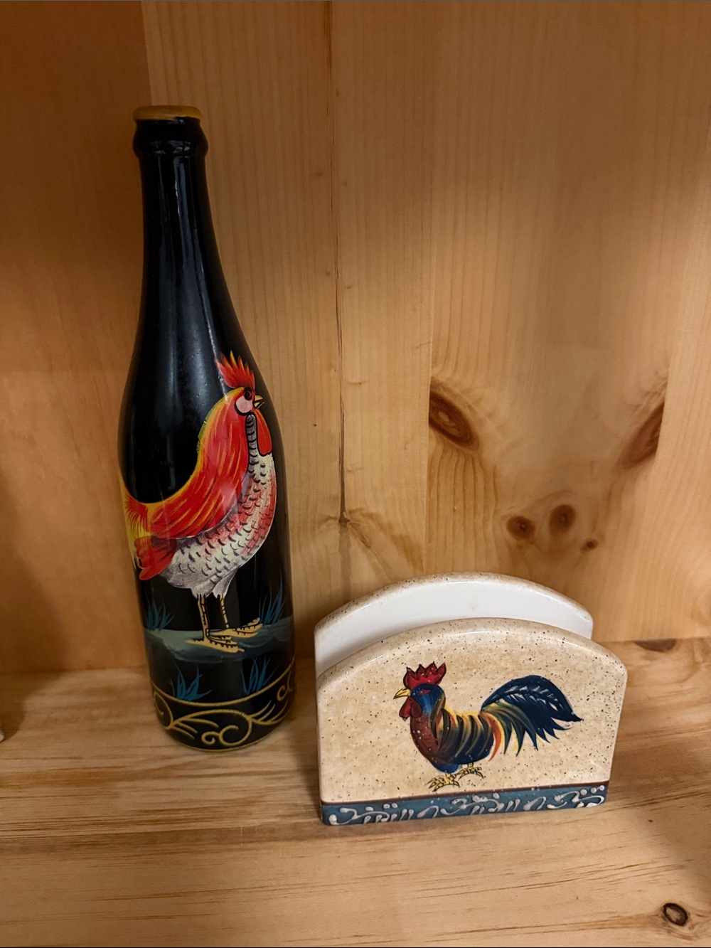 Antique Black Ceramic Rooster Bottle & Napkin Holder - Red, Blue, Cream